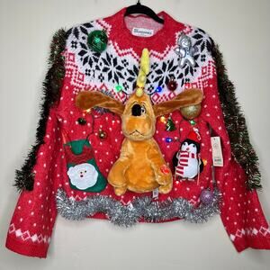 Ugly Christmas Sweater Singing Grinch Max Dog LIGHTS UP Tinsel Xmas Sz Medium